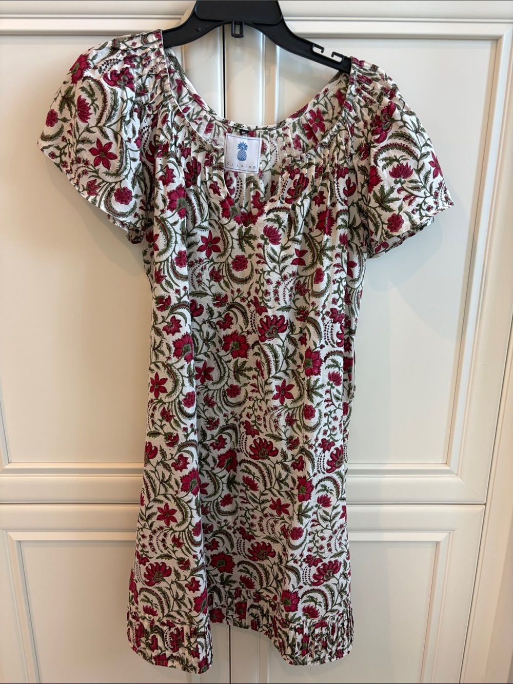 Smocked Neck Midi Dress in Pink Floral on Cream by Unknown